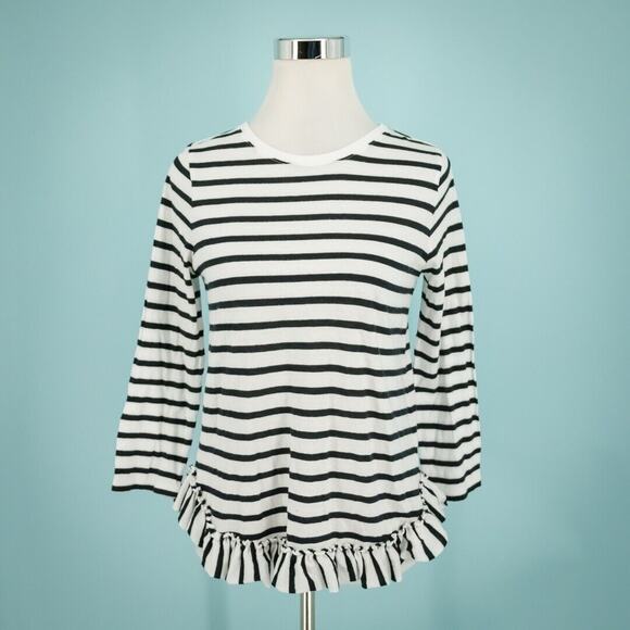 Kate Spade Size XS White Black Stripe Print Crew Neck Long Sleeve Ruffle Hem Top - Picture 1 of 5